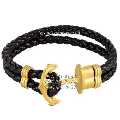 Кожаный плетеный браслет с якорем Rolex №3 Black/Gold