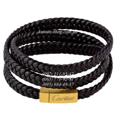Кожаный плетеный браслет Cartier №1-2 Black/Gold