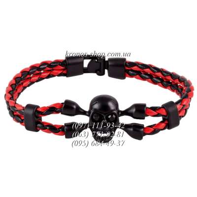 Кожаный плетеный браслет Skull №1 Black-Red/Black