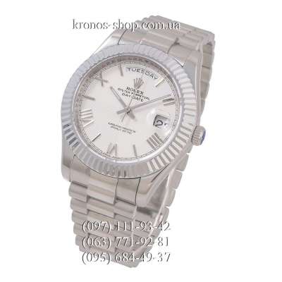 Rolex Day-Date Steel Rome Fluted Bezel Silver/White