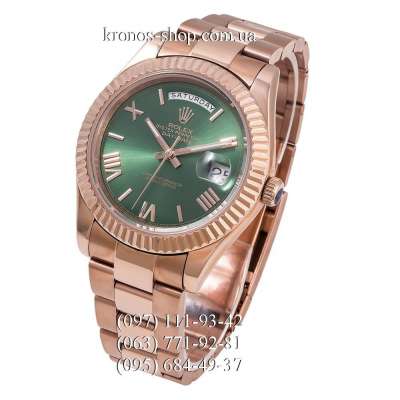 Rolex Day-Date Steel Rome Fluted Bezel Rose Gold/Green