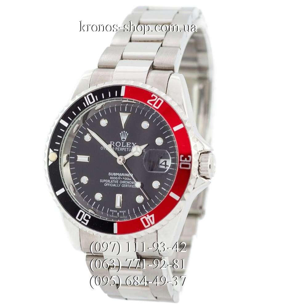 silver and red rolex