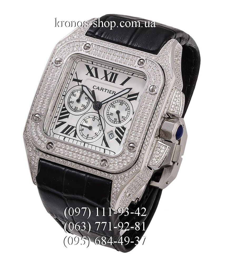 Cartier Santos de Cartier 100 Chronograph Pave Black Silver White Kronos
