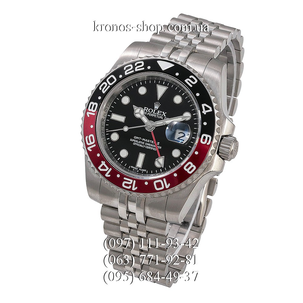 silver and red rolex